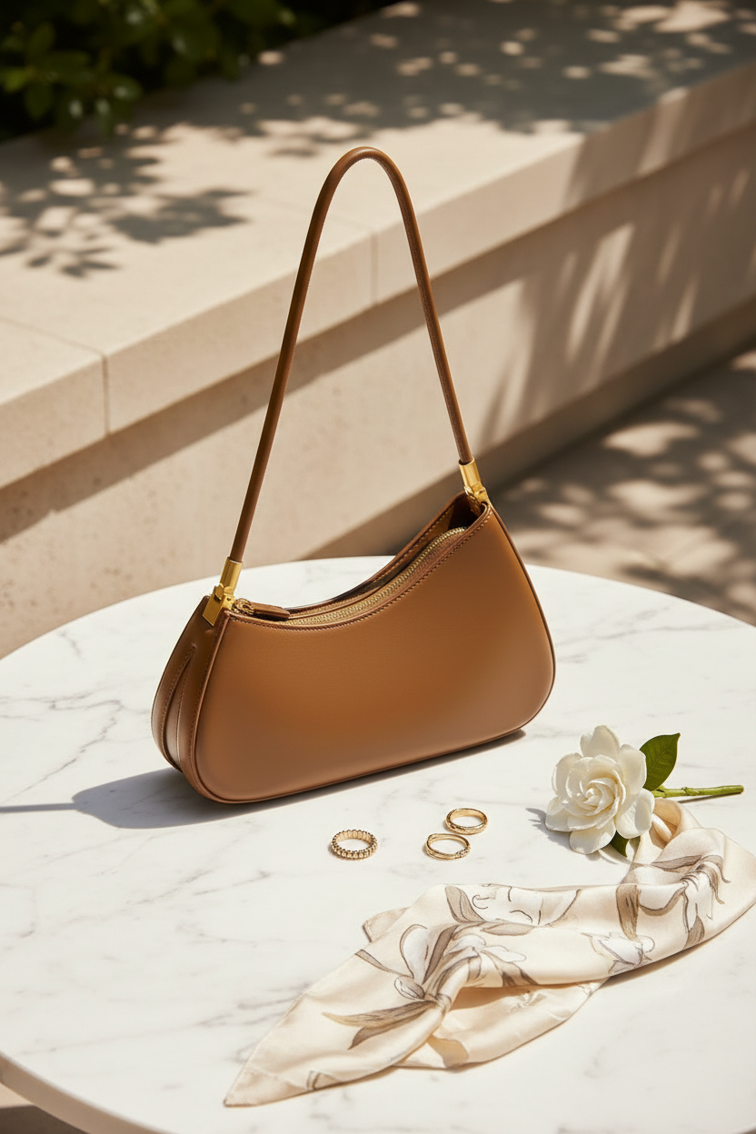 Woman holding luxurious gold crystal wristlet bag at rooftop bar during sunset, elegant evening accessory for special occasions