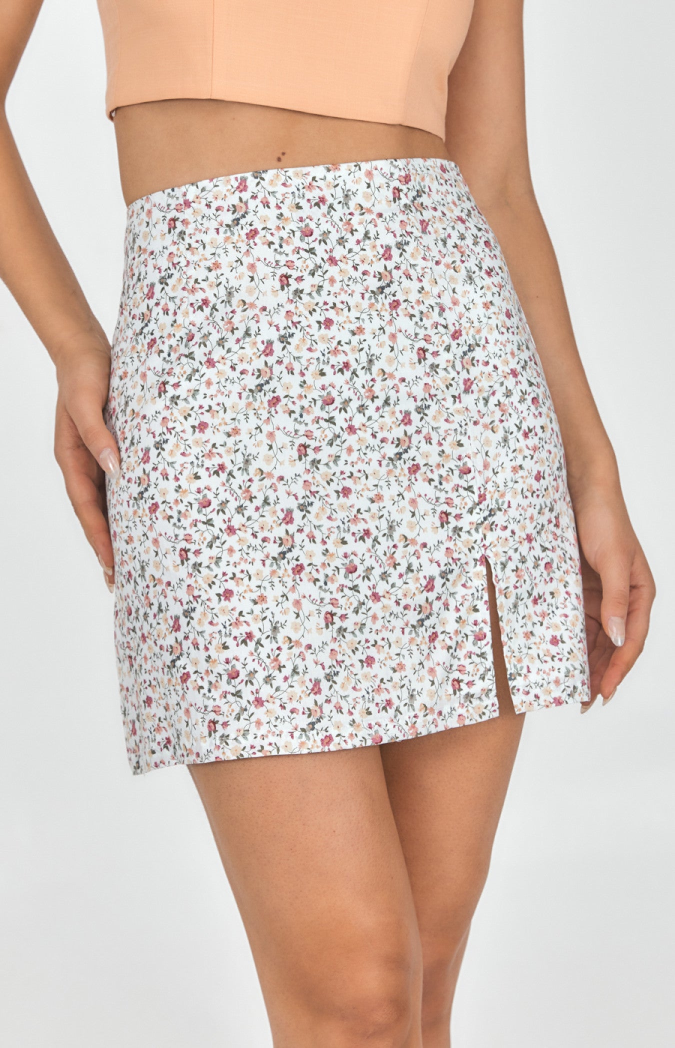 Floral White Split Front Mini Skirt