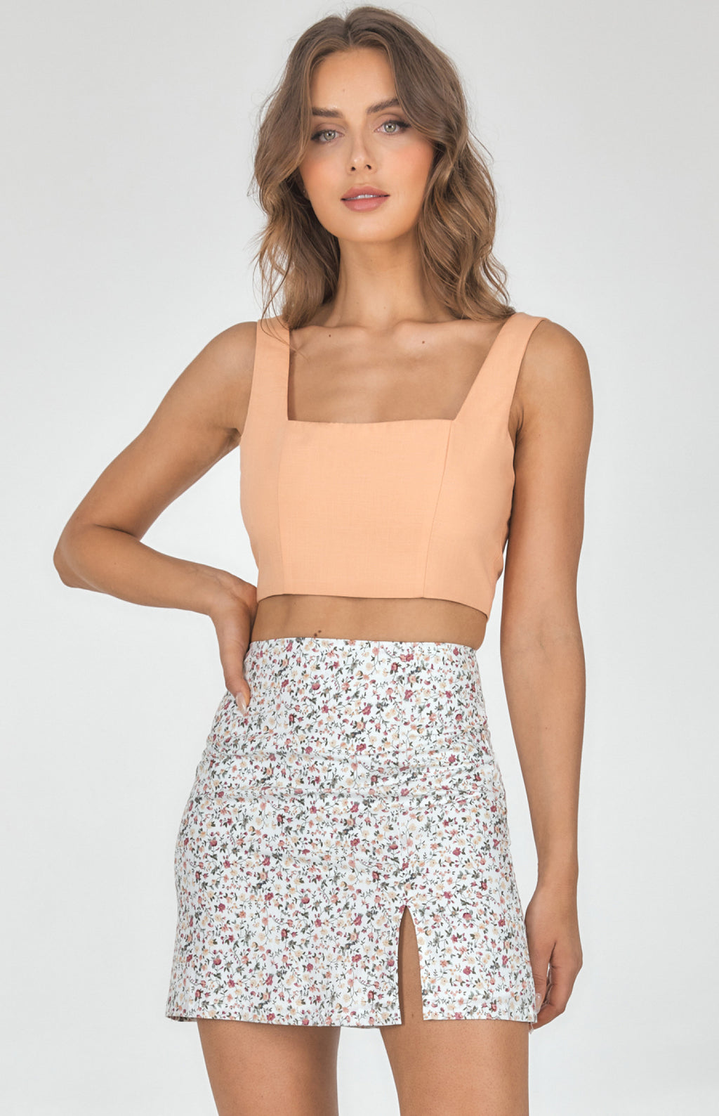 Floral White Split Front Mini Skirt