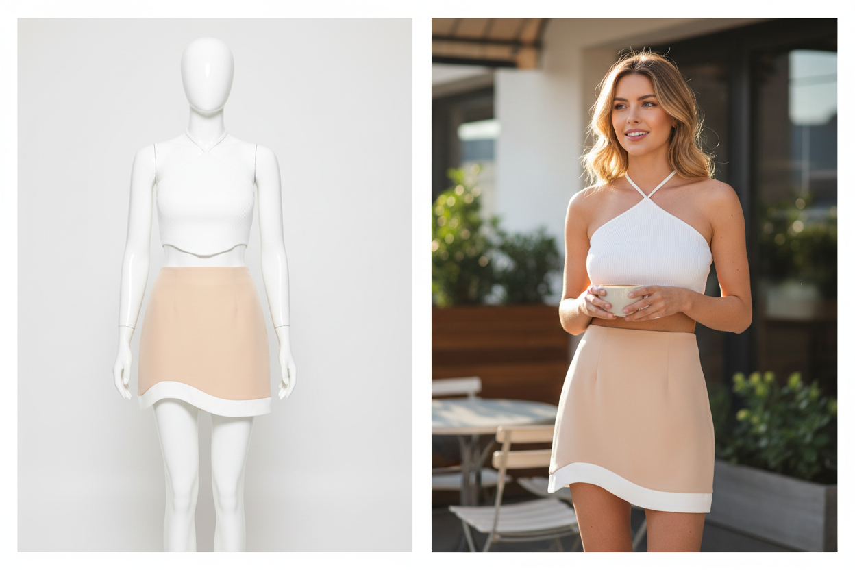 Beige and white set - mannequin and model collage