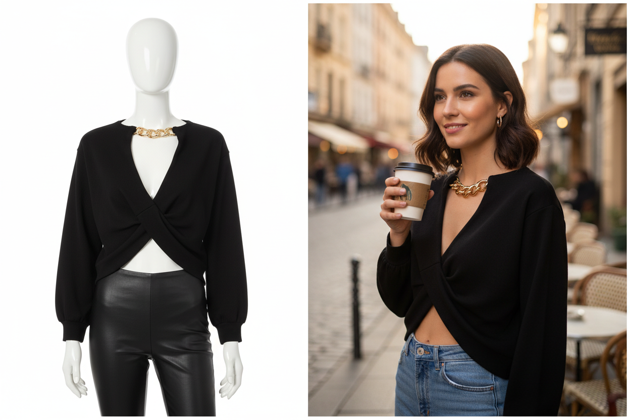 Black twisted top collage - mannequin and model