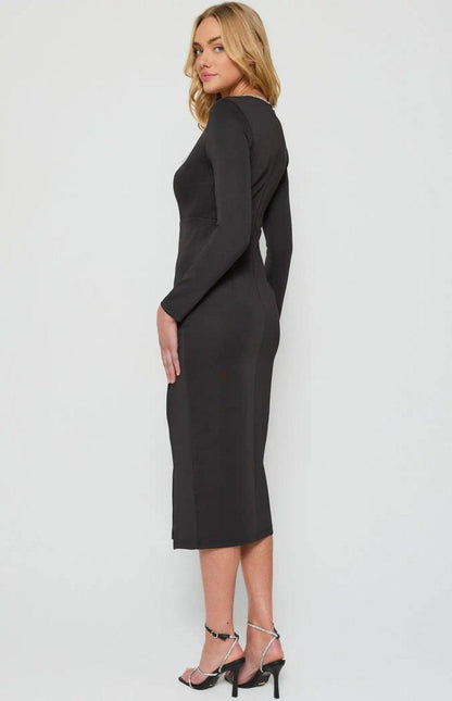 Diamante Asymmetric Midi Dress Stretch Sheath Silhouette | Winnie Co 12 / Black / Main:65% Nylon/30% Cotton/5% Spandex/Lining:100% Polyester Diamante Asymmetric Midi Dress Stretch Sheath Silhouette | Winnie Co 12 / Black / Main:65% Nylon/30% Cotton/5% Spandex/Lining:100% Polyester