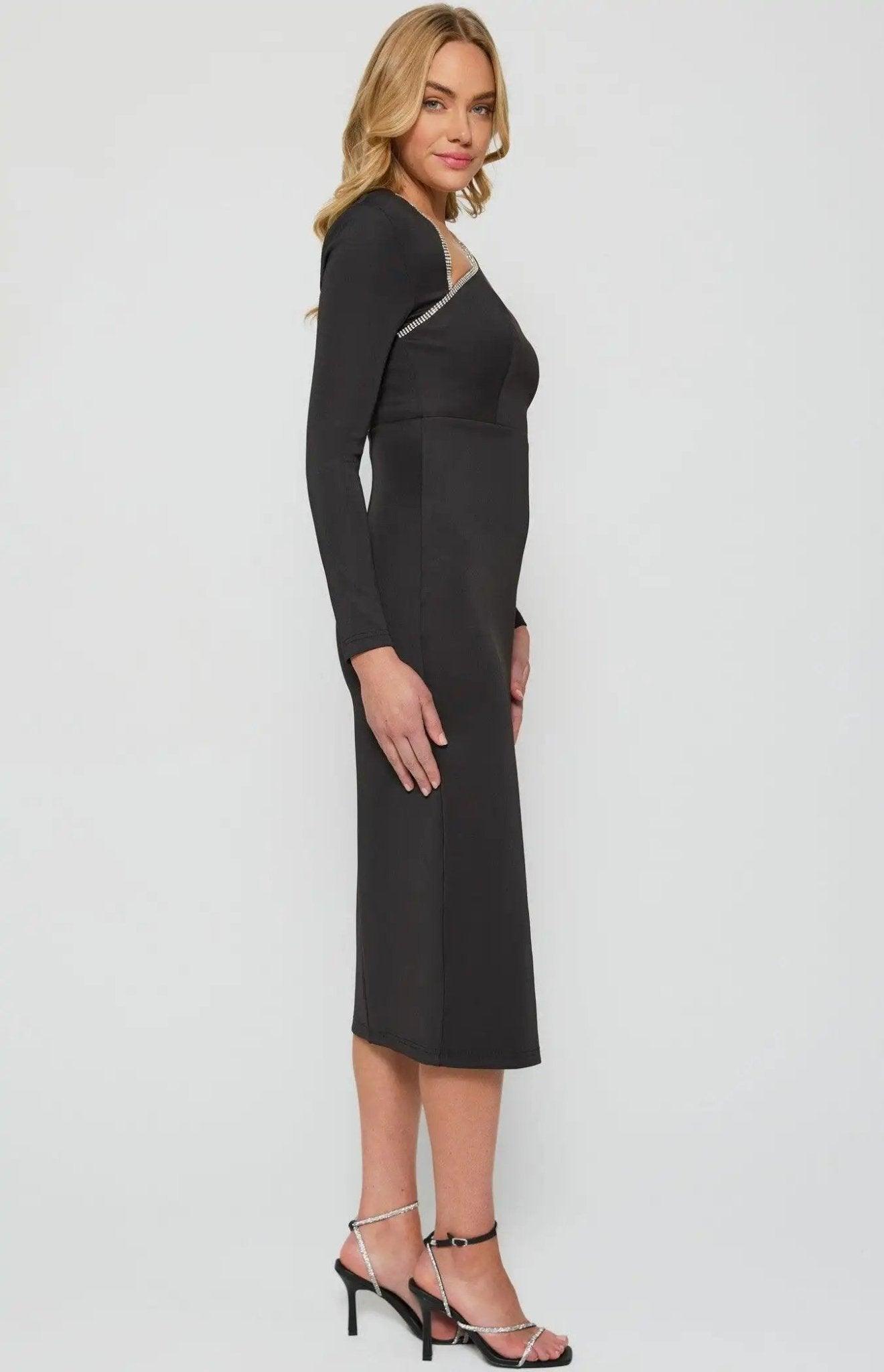 Diamante Asymmetric Midi Dress Stretch Sheath Silhouette | Winnie Co 12 / Black / Main:65% Nylon/30% Cotton/5% Spandex/Lining:100% Polyester Diamante Asymmetric Midi Dress Stretch Sheath Silhouette | Winnie Co 12 / Black / Main:65% Nylon/30% Cotton/5% Spandex/Lining:100% Polyester