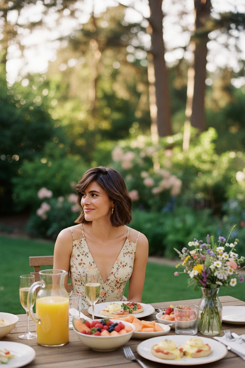 Natural woman garden brunch Camilla dress lifestyle