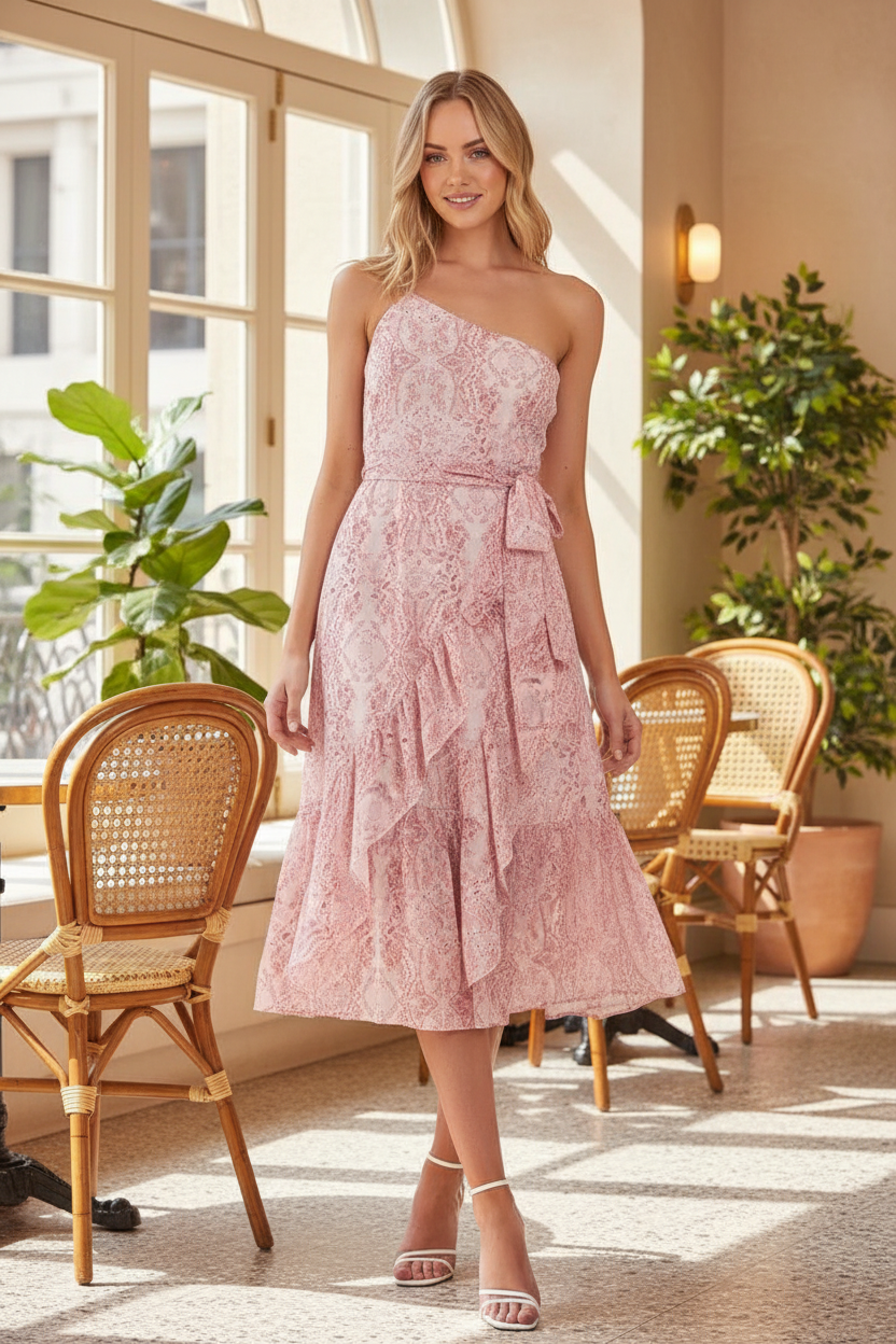 One-Shoulder Printed Chiffon Dress – Café