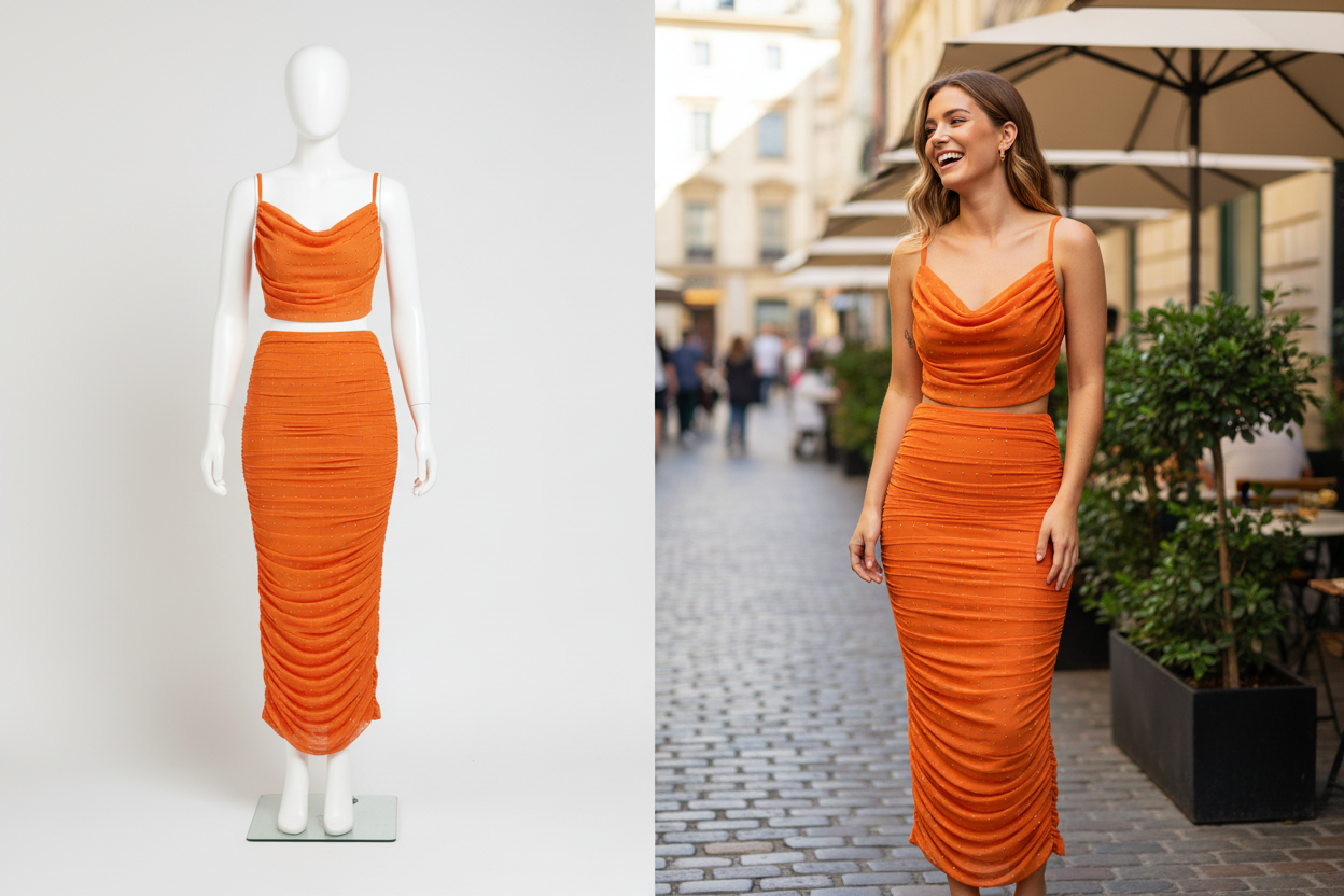 Orange ruched set collage - mannequin and model