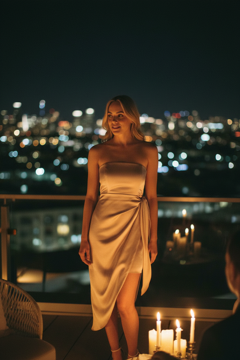 Strapless satin dress date night lifestyle